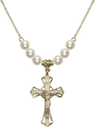 18" Hamilton Gold Plated Necklace with 6mm Faux-Pearl Beads featuring a 14kt Gold Filled Crucifix Medal.