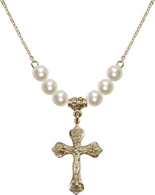 18" Hamilton Gold Plated Necklace with 6mm Faux-Pearl Beads featuring a 14kt Gold Filled Crucifix Medal.