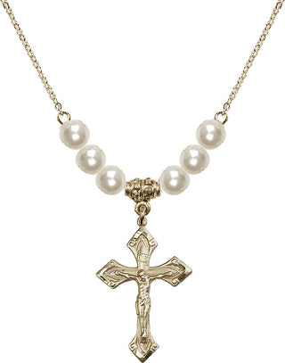 18" Hamilton Gold Plated Necklace with 6mm Faux-Pearl Beads featuring a 14kt Gold Filled Crucifix Medal.