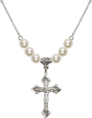 18" Rhodium Plated Necklace with 6mm Faux-Pearl Beads featuring a Sterling Silver Crucifix Medal.