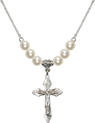 18" Rhodium Plated Necklace with 6mm Faux-Pearl Beads featuring a Sterling Silver Crucifix Medal.