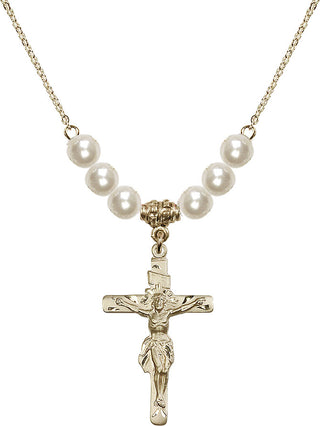 18" Hamilton Gold Plated Necklace with 6mm Faux-Pearl Beads featuring a 14kt Gold Filled Crucifix Medal.