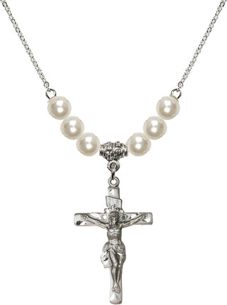18" Rhodium Plated Necklace with 6mm Faux-Pearl Beads featuring a Sterling Silver Crucifix Medal.