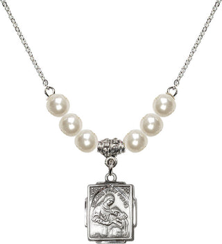 18" Rhodium Plated Necklace with 6mm Faux-Pearl Beads featuring a Sterling Silver Saint Ann Medal. Engraved Catholic Saint Jewelry