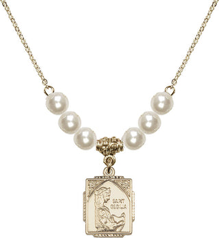 18" Hamilton Gold Plated Necklace with 6mm Faux-Pearl Beads featuring a 14kt Gold Filled Saint Cecilia Medal. Engraved Catholic Saint Jewelry