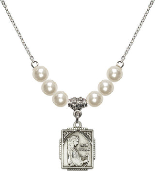 18" Rhodium Plated Necklace with 6mm Faux-Pearl Beads featuring a Sterling Silver Saint Cecilia Medal. Engraved Catholic Saint Jewelry