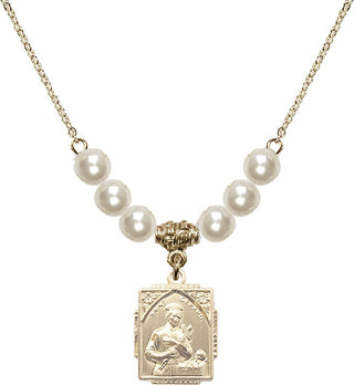 18" Hamilton Gold Plated Necklace with 6mm Faux-Pearl Beads featuring a 14kt Gold Filled Saint Gerard Medal. Engraved Catholic Saint Jewelry
