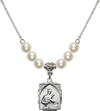 18" Rhodium Plated Necklace with 6mm Faux-Pearl Beads featuring a Sterling Silver Saint Gerard Medal. Engraved Catholic Saint Jewelry