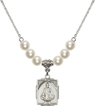 18" Rhodium Plated Necklace with 6mm Faux-Pearl Beads featuring a Sterling Silver Infant of Prague Medal. Engraved Catholic Saint Jewelry