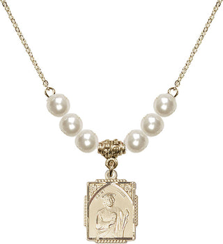 18" Hamilton Gold Plated Necklace with 6mm Faux-Pearl Beads featuring a 14kt Gold Filled Saint Jude Medal. Engraved Catholic Saint Jewelry