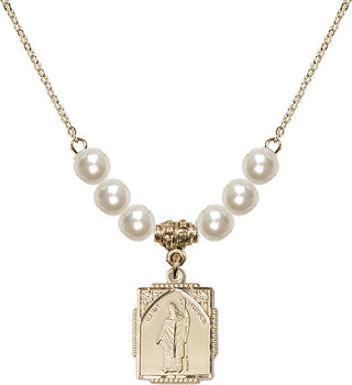 18" Hamilton Gold Plated Necklace with 6mm Faux-Pearl Beads featuring a 14kt Gold Filled Saint Patrick Medal. Engraved Catholic Saint Jewelry