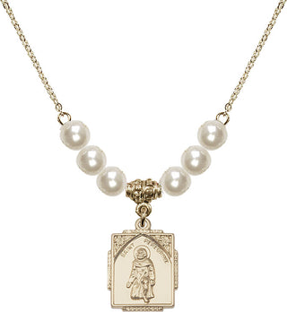 18" Hamilton Gold Plated Necklace with 6mm Faux-Pearl Beads featuring a 14kt Gold Filled Saint Peregrine Medal. Engraved Catholic Saint Jewelry