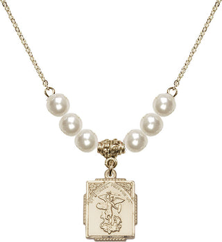 18" Hamilton Gold Plated Necklace with 6mm Faux-Pearl Beads featuring a 14kt Gold Filled Saint Michael the Archangel Medal. Engraved Catholic Saint Jewelry