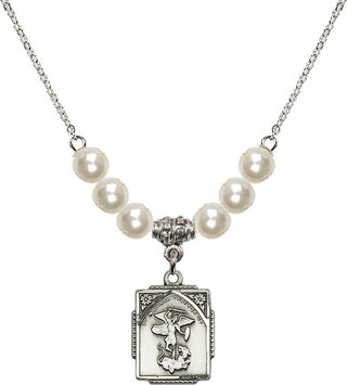18" Rhodium Plated Necklace with 6mm Faux-Pearl Beads featuring a Sterling Silver Saint Michael the Archangel Medal. Engraved Catholic Saint Jewelry