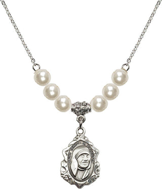 18" Rhodium Plated Necklace with 6mm Faux-Pearl Beads featuring a Sterling Silver Saint Teresa of Calcutta Medal.