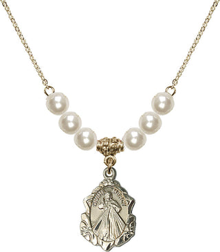 18" Hamilton Gold Plated Necklace with 6mm Faux-Pearl Beads featuring a 14kt Gold Filled Divine Mercy Medal. Engraved Catholic Saint Jewelry