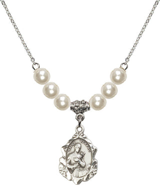 18" Rhodium Plated Necklace with 6mm Faux-Pearl Beads featuring a Sterling Silver Saint Gerard Medal. Engraved Catholic Saint Jewelry