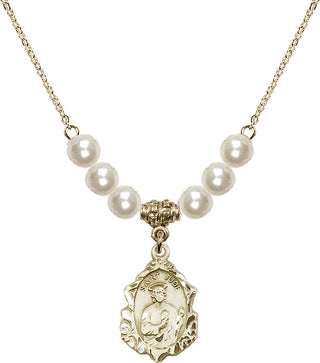 18" Hamilton Gold Plated Necklace with 6mm Faux-Pearl Beads featuring a 14kt Gold Filled Saint Jude Medal. Engraved Catholic Saint Jewelry