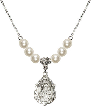 18" Rhodium Plated Necklace with 6mm Faux-Pearl Beads featuring a Sterling Silver Saint Joseph Medal. Engraved Catholic Saint Jewelry