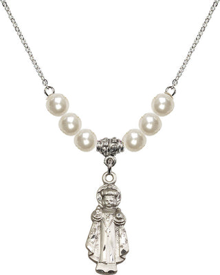 18" Rhodium Plated Necklace with 6mm Faux-Pearl Beads featuring a Sterling Silver Infant of Prague Medal.