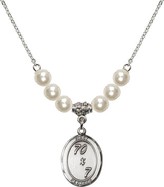18" Rhodium Plated Necklace with 6mm Faux-Pearl Beads featuring a Sterling Silver First Penance Medal.