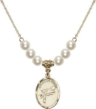18" Hamilton Gold Plated Necklace with 6mm Faux-Pearl Beads featuring a 14kt Gold Filled Graduation Medal.