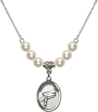18" Rhodium Plated Necklace with 6mm Faux-Pearl Beads featuring a Sterling Silver Graduation Medal.