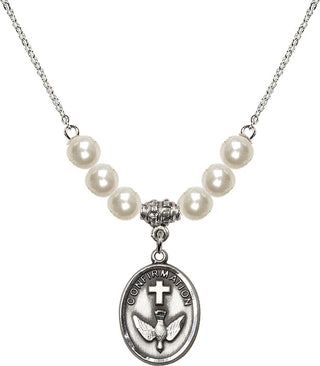 18" Rhodium Plated Necklace with 6mm Faux-Pearl Beads featuring a Sterling Silver Confirmation Medal.