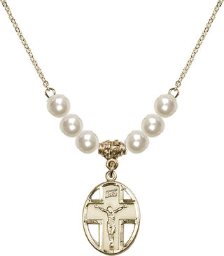 18" Hamilton Gold Plated Necklace with 6mm Faux-Pearl Beads featuring a 14kt Gold Filled Crucifix Medal.