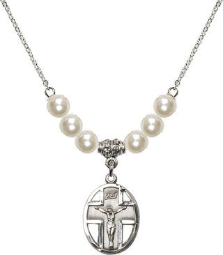 18" Rhodium Plated Necklace with 6mm Faux-Pearl Beads featuring a Sterling Silver Crucifix Medal.