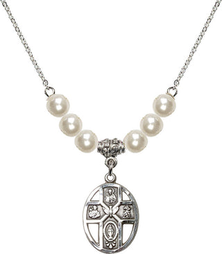 18" Rhodium Plated Necklace with 6mm Faux-Pearl Beads featuring a Sterling Silver 5-Way / Holy Spirit Medal.