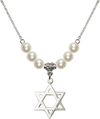18" Rhodium Plated Necklace with 6mm Faux-Pearl Beads featuring a Sterling Silver Star of David Medal.