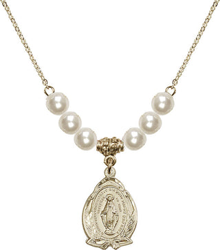18" Hamilton Gold Plated Necklace with 6mm Faux-Pearl Beads featuring a 14kt Gold Filled Miraculous Medal.