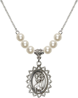 18" Rhodium Plated Necklace with 6mm Faux-Pearl Beads featuring a Sterling Silver Saint Christopher Medal.