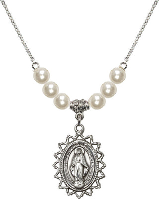 18" Rhodium Plated Necklace with 6mm Faux-Pearl Beads featuring a Sterling Silver Miraculous Medal.