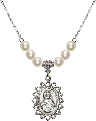 18" Rhodium Plated Necklace with 6mm Faux-Pearl Beads featuring a Sterling Silver Scapular Medal.