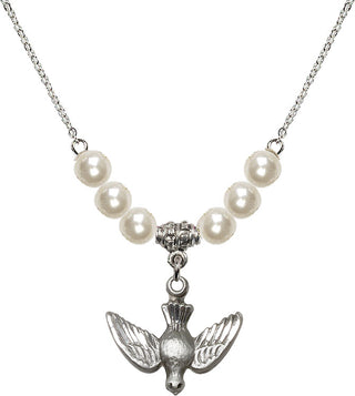 18" Rhodium Plated Necklace with 6mm Faux-Pearl Beads featuring a Sterling Silver Holy Spirit Medal.