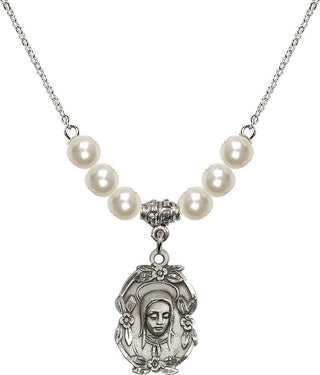18" Rhodium Plated Necklace with 6mm Faux-Pearl Beads featuring a Sterling Silver Madonna Medal.
