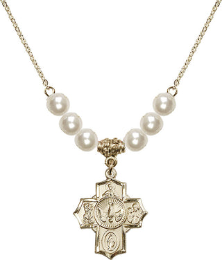 18" Hamilton Gold Plated Necklace with 6mm Faux-Pearl Beads featuring a 14kt Gold Filled 5-Way Medal.