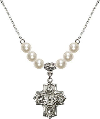 18" Rhodium Plated Necklace with 6mm Faux-Pearl Beads featuring a Sterling Silver 5-Way Medal.