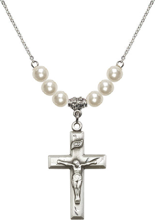 18" Rhodium Plated Necklace with 6mm Faux-Pearl Beads featuring a Sterling Silver Crucifix Medal.