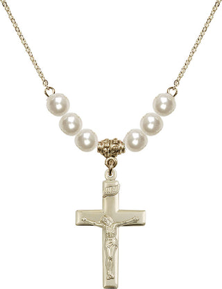 18" Hamilton Gold Plated Necklace with 6mm Faux-Pearl Beads featuring a 14kt Gold Filled Crucifix Medal.