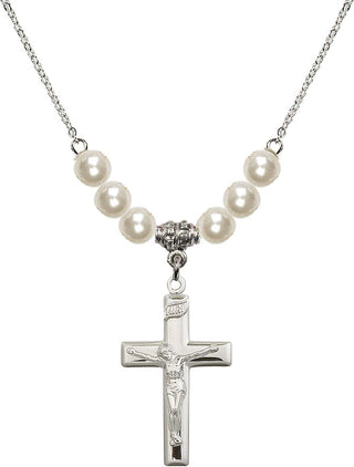 18" Rhodium Plated Necklace with 6mm Faux-Pearl Beads featuring a Sterling Silver Crucifix Medal.