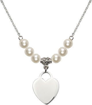 18" Rhodium Plated Necklace with 6mm Faux-Pearl Beads featuring a Sterling Silver Heart Medal. Engraved Catholic Saint Jewelry