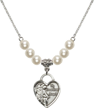 18" Rhodium Plated Necklace with 6mm Faux-Pearl Beads featuring a Sterling Silver Guardian Angel Heart Medal. Engraved Catholic Saint Jewelry