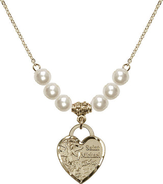 18" Hamilton Gold Plated Necklace with 6mm Faux-Pearl Beads featuring a 14kt Gold Filled Saint Michael the Archangel Medal. Engraved Catholic Saint Jewelry
