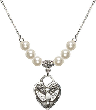 18" Rhodium Plated Necklace with 6mm Faux-Pearl Beads featuring a Sterling Silver Confirmation Heart Medal. Engraved Catholic Saint Jewelry