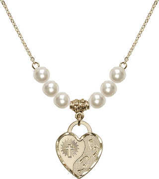 18" Hamilton Gold Plated Necklace with 6mm Faux-Pearl Beads featuring a 14kt Gold Filled Footprints Heart Medal. Engraved Catholic Saint Jewelry