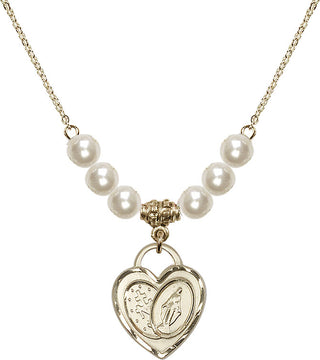 18" Hamilton Gold Plated Necklace with 6mm Faux-Pearl Beads featuring a 14kt Gold Filled Miraculous Heart Medal.
