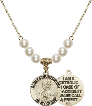 18" Hamilton Gold Plated Necklace with 6mm Faux-Pearl Beads featuring a 14kt Gold Filled Saint Christopher Medal.